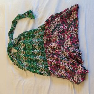 BCBG MAXAZRIA 1 piece, size L, pull up, halter top, pink and green shorts romper